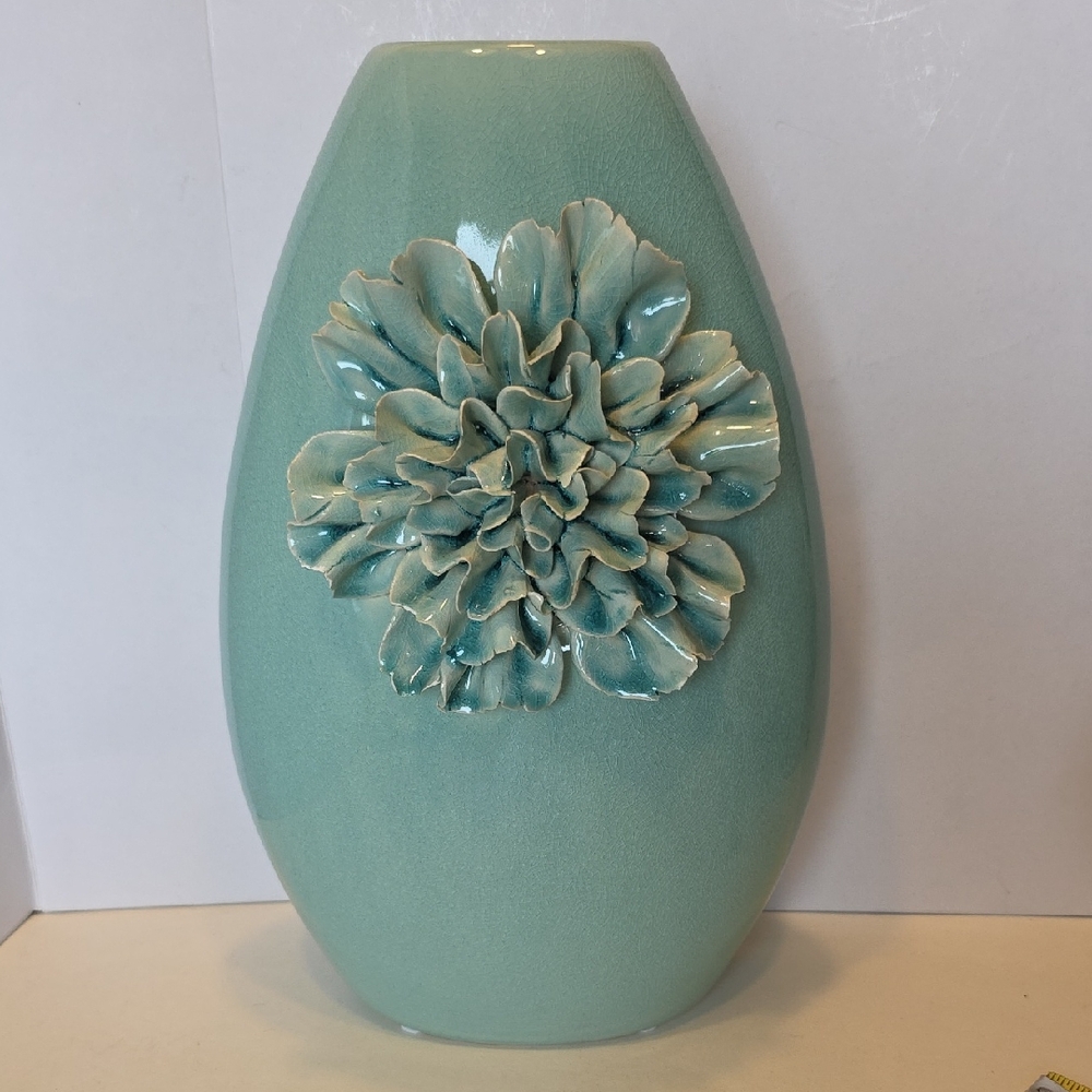 Vintage Light Green Turquiose Ceramic Vase With Large Flower On Front 11.5" Tall
